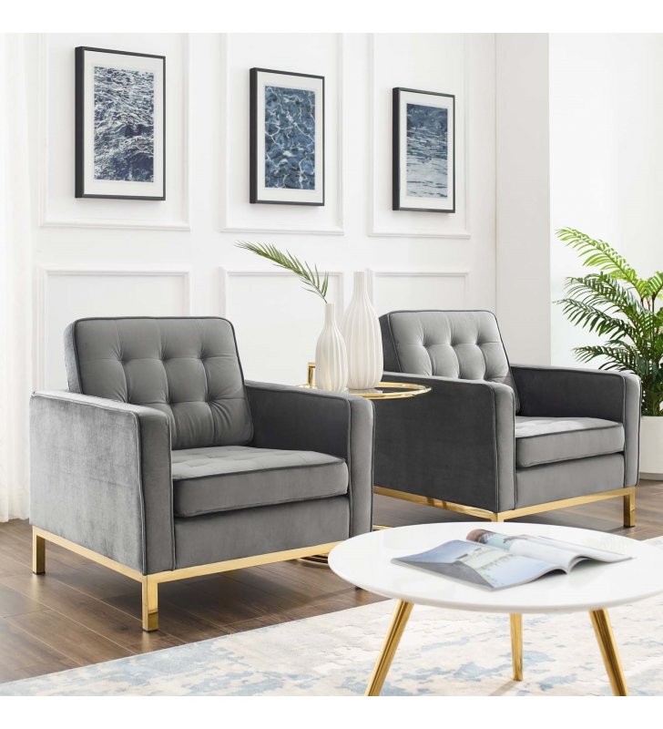 Loft Gold Stainless Steel Leg Performance Velvet Armchair Set of 2 in Gold Gray - Lexmod