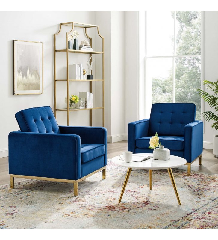 Loft Gold Stainless Steel Leg Performance Velvet Armchair Set of 2 in Gold Navy - Lexmod