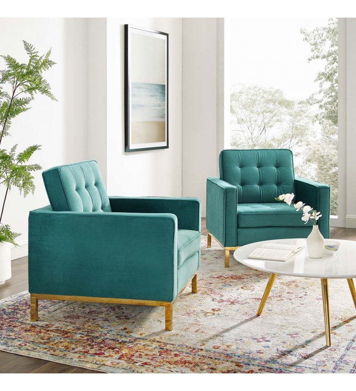 Loft Gold Stainless Steel Leg Performance Velvet Armchair Set of 2 in Gold Teal - Lexmod
