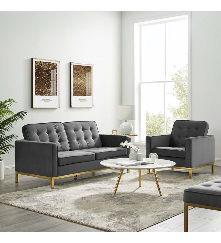 Loft Gold Stainless Steel Leg Performance Velvet Loveseat and Armchair Set in Gold Gray - Lexmod
