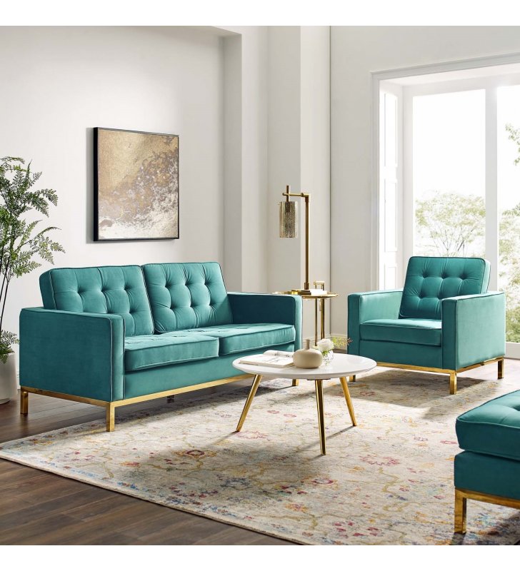 Loft Gold Stainless Steel Leg Performance Velvet Loveseat and Armchair Set in Gold Teal - Lexmod