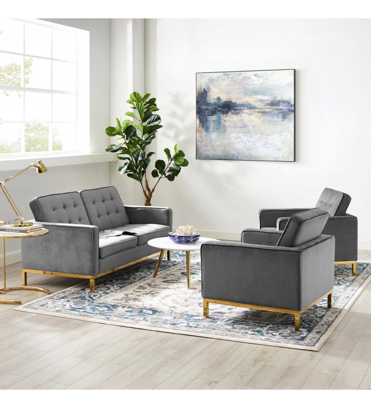 Loft Gold Stainless Steel Leg Performance Velvet 3 Piece Set in Gold Gray - Lexmod