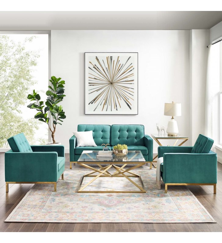 Loft Gold Stainless Steel Leg Performance Velvet 3 Piece Set in Gold Teal - Lexmod