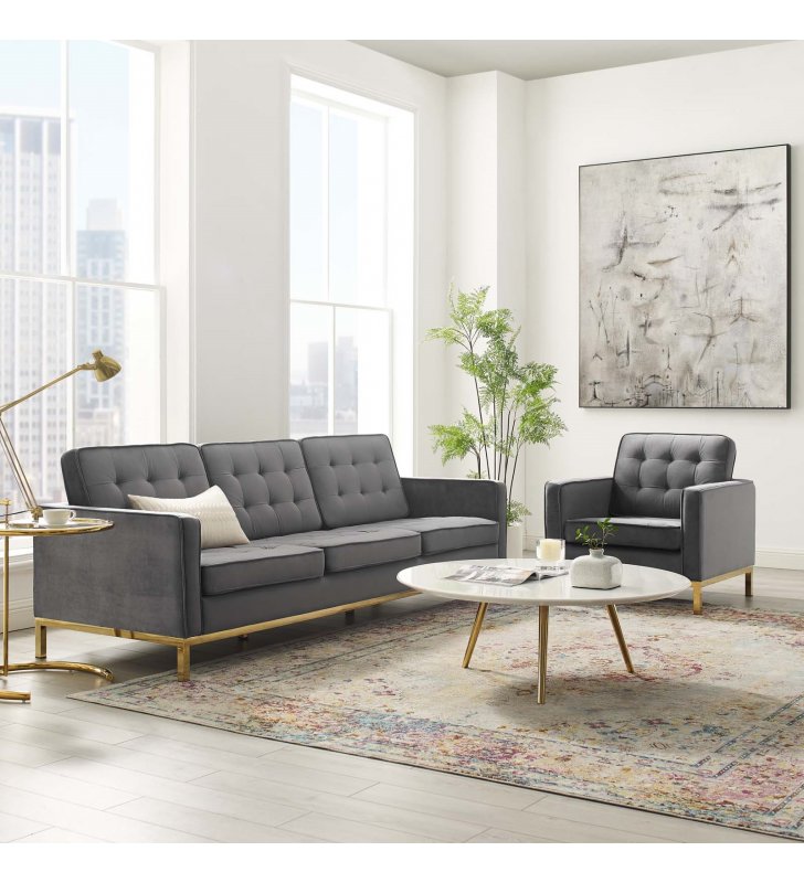 Loft Gold Stainless Steel Leg Performance Velvet Sofa and Armchair Set in Gold Gray - Lexmod