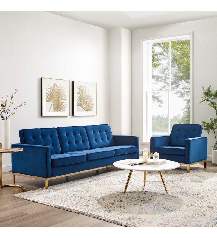 Loft Gold Stainless Steel Leg Performance Velvet Sofa and Armchair Set in Gold Navy - Lexmod