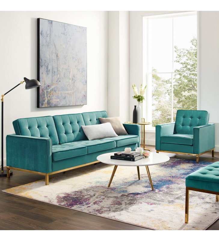 Loft Gold Stainless Steel Leg Performance Velvet Sofa and Armchair Set in Gold Teal - Lexmod
