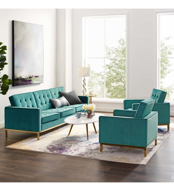 Loft Gold Stainless Steel Leg Performance Velvet 3 Piece Set in Gold Teal - Lexmod