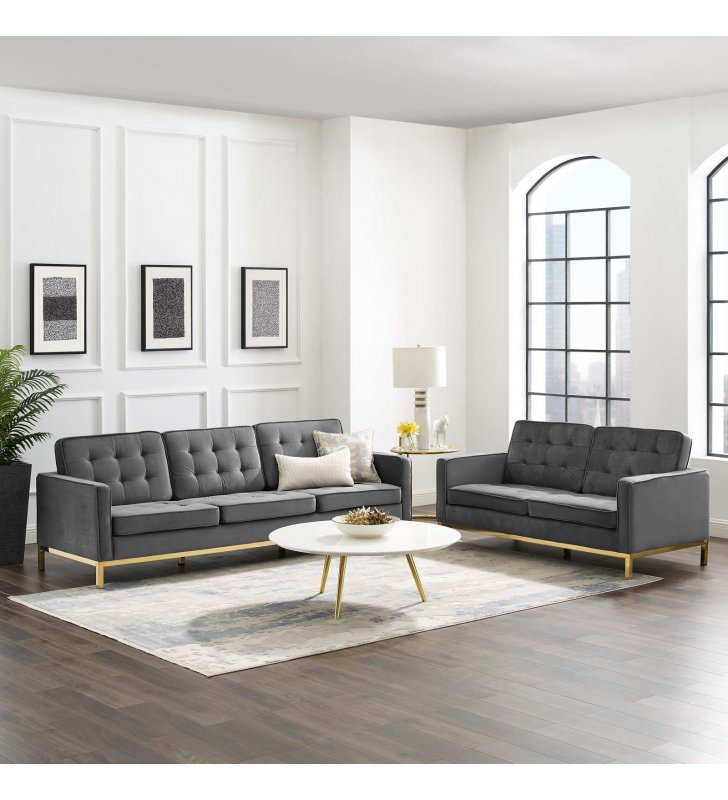 Loft Gold Stainless Steel Leg Performance Velvet Sofa and Loveseat Set in Gold Gray - Lexmod