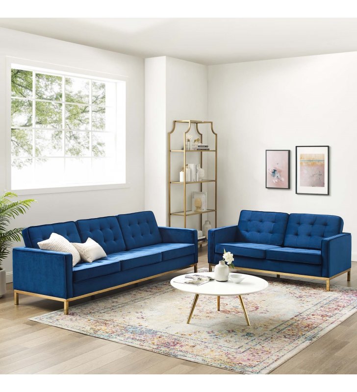 Loft Gold Stainless Steel Leg Performance Velvet Sofa and Loveseat Set in Gold Navy - Lexmod