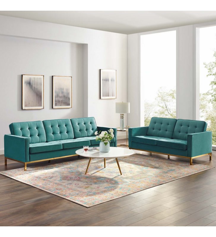 Loft Gold Stainless Steel Leg Performance Velvet Sofa and Loveseat Set in Gold Teal - Lexmod