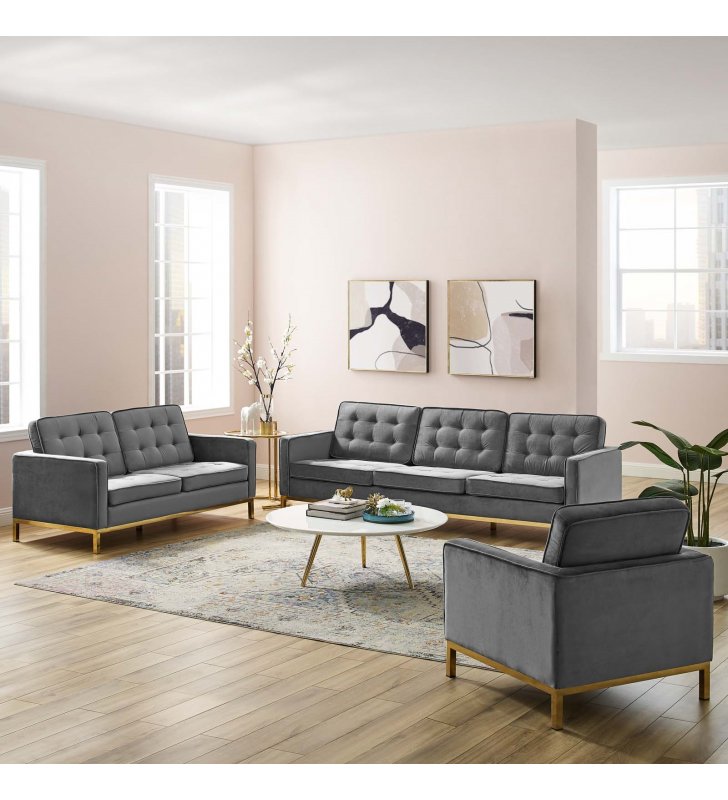 Loft Gold Stainless Steel Leg Performance Velvet 3 Piece Set in Gold Gray - Lexmod