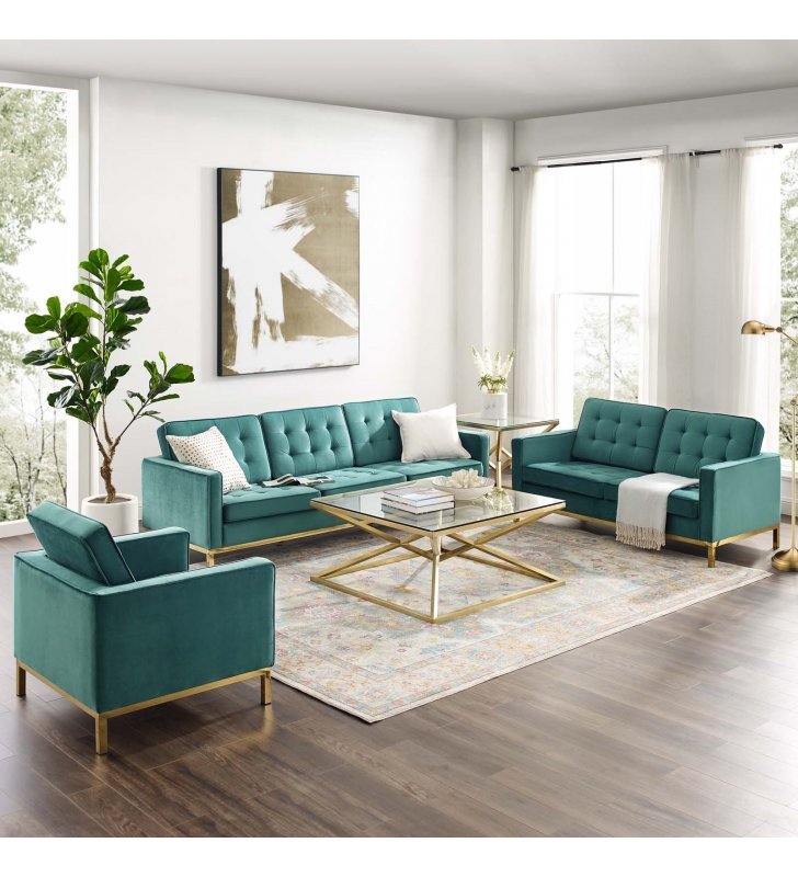 Loft Gold Stainless Steel Leg Performance Velvet 3 Piece Set in Gold Teal - Lexmod