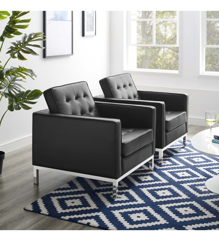 Loft Tufted Upholstered Faux Leather Armchair Set of 2 in Silver Black - Lexmod