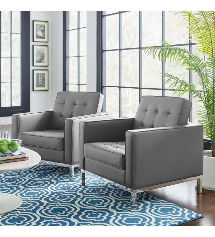 Loft Tufted Upholstered Faux Leather Armchair Set of 2 in Silver Gray - Lexmod