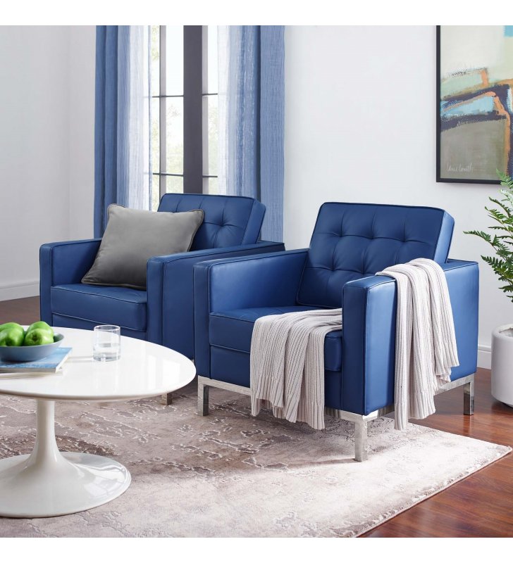 Loft Tufted Upholstered Faux Leather Armchair Set of 2 in Silver Navy - Lexmod