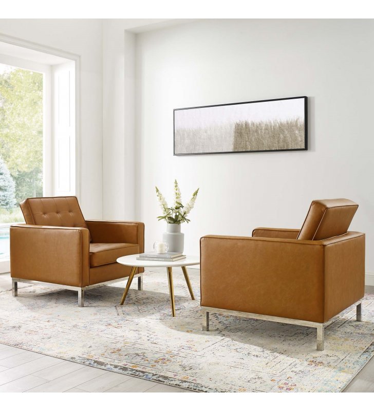 Loft Tufted Upholstered Faux Leather Armchair Set of 2 in Silver Tan - Lexmod