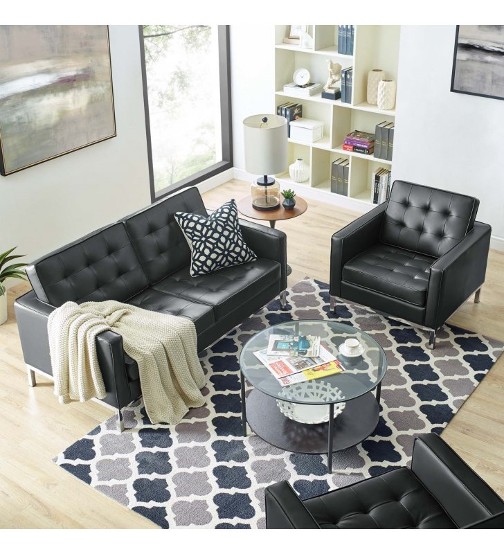 Loft Tufted Upholstered Faux Leather Loveseat and Armchair Set in Silver Black - Lexmod