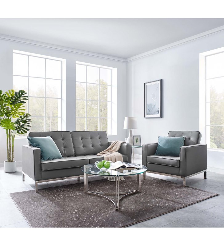 Loft Tufted Upholstered Faux Leather Loveseat and Armchair Set in Silver Gray - Lexmod