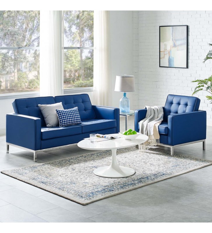 Loft Tufted Upholstered Faux Leather Loveseat and Armchair Set in Silver Navy - Lexmod