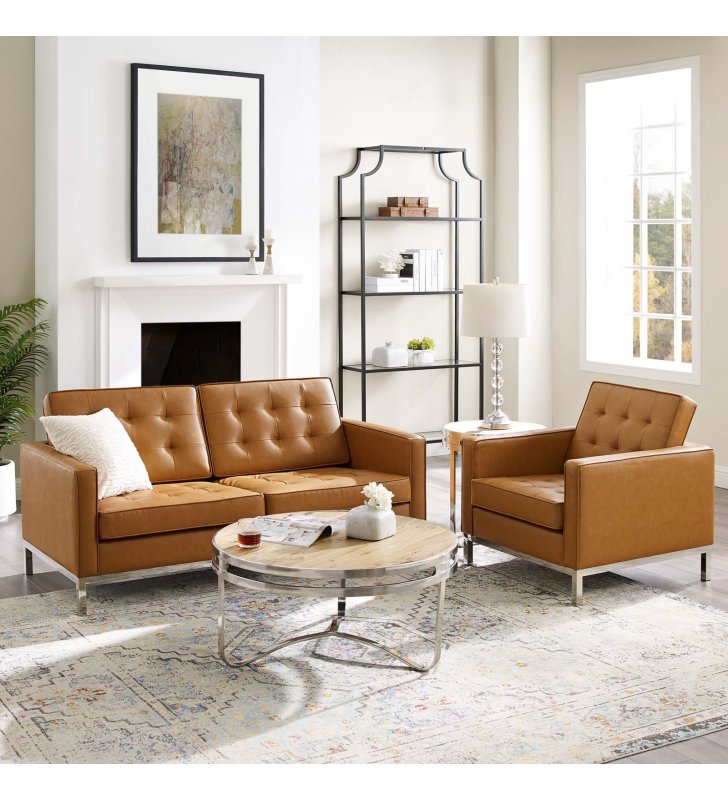 Loft Tufted Upholstered Faux Leather Loveseat and Armchair Set in Silver Tan - Lexmod
