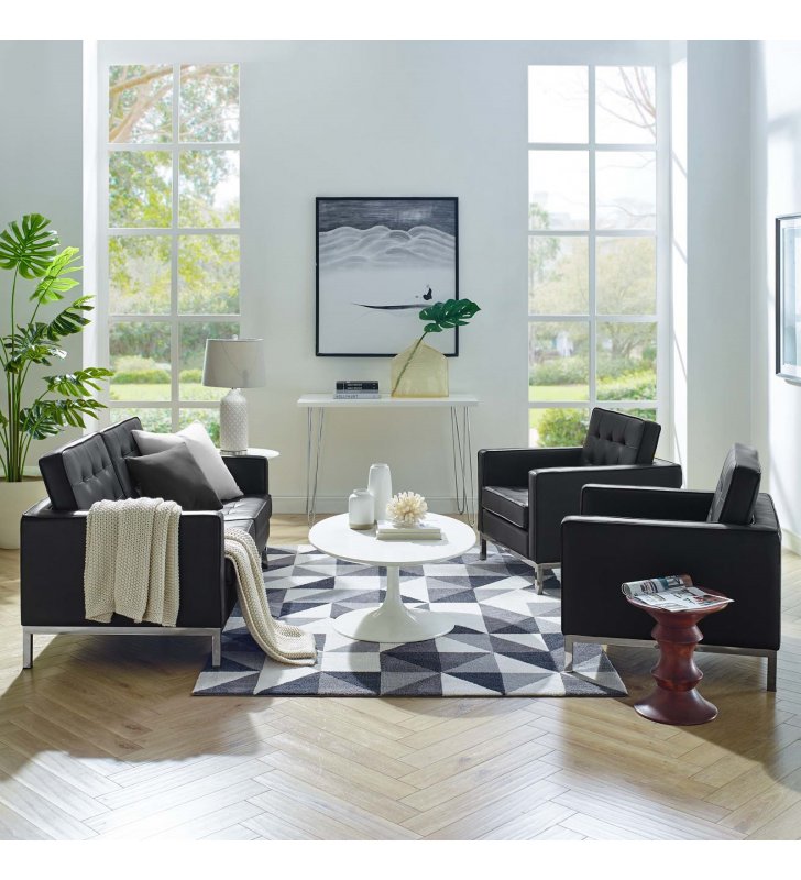 Loft 3 Piece Tufted Upholstered Faux Leather Set in Silver Black - Lexmod
