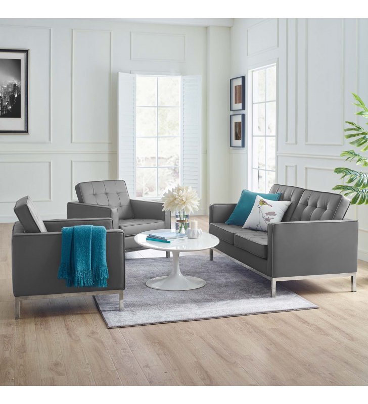 Loft 3 Piece Tufted Upholstered Faux Leather Set in Silver Gray - Lexmod