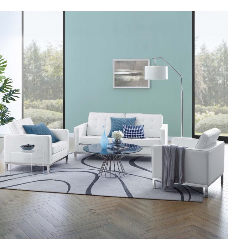 Loft 3 Piece Tufted Upholstered Faux Leather Set in Silver White - Lexmod