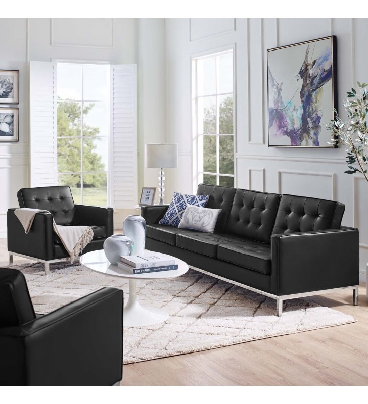 Loft Tufted Upholstered Faux Leather Sofa and Armchair Set in Silver Black - Lexmod