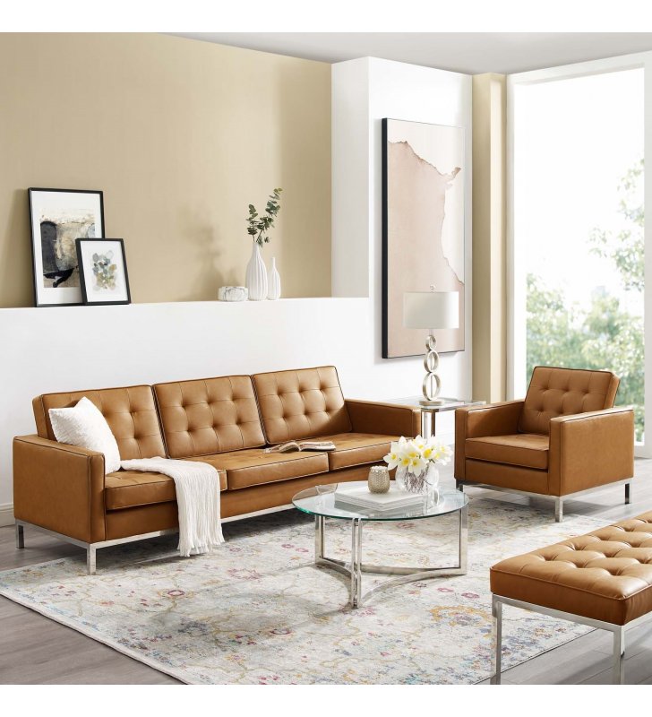 Loft Tufted Upholstered Faux Leather Sofa and Armchair Set in Silver Tan - Lexmod