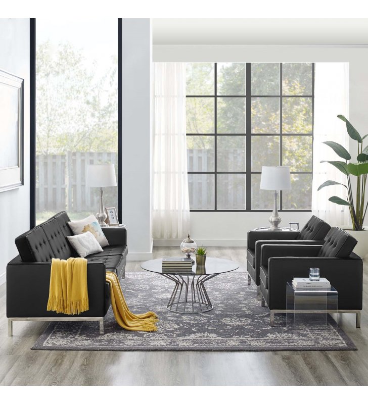 Loft 3 Piece Tufted Upholstered Faux Leather Set in Silver Black - Lexmod