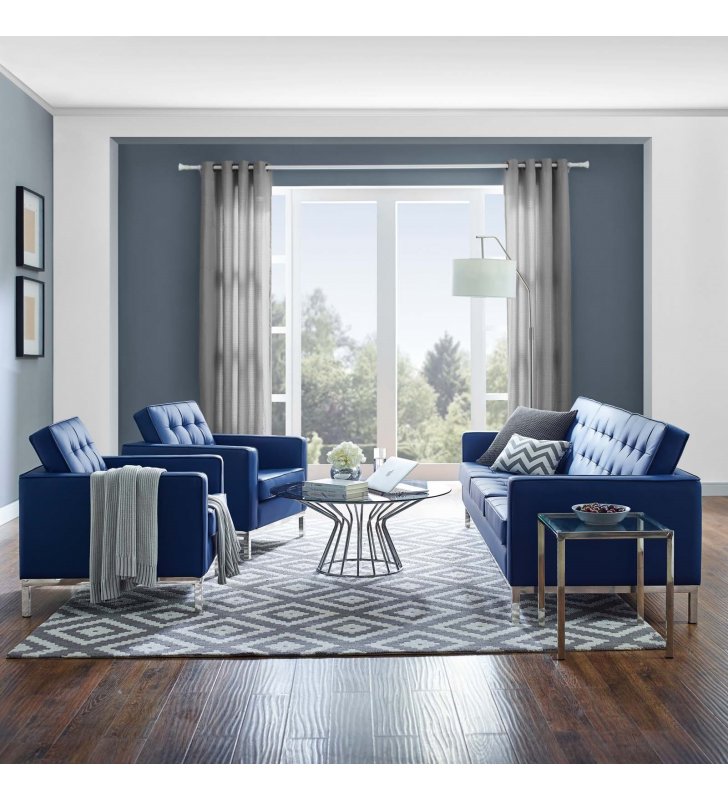 Loft 3 Piece Tufted Upholstered Faux Leather Set in Silver Navy - Lexmod
