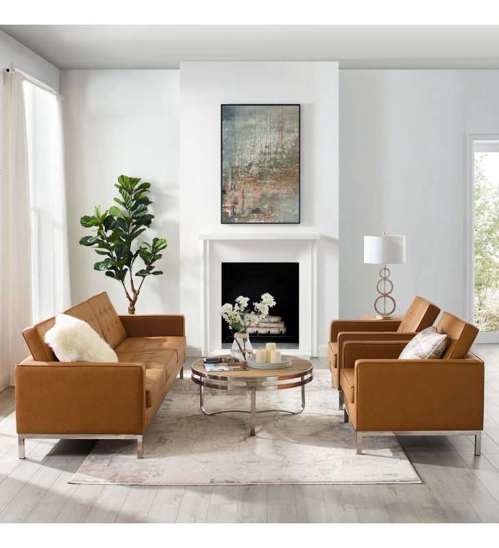 Loft 3 Piece Tufted Upholstered Faux Leather Set in Silver Tan - Lexmod