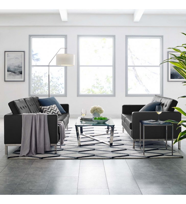 Loft Tufted Upholstered Faux Leather Sofa and Loveseat Set in Silver Black - Lexmod