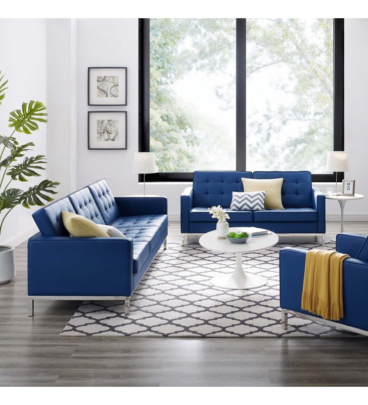 Loft Tufted Upholstered Faux Leather Sofa and Loveseat Set in Silver Navy - Lexmod