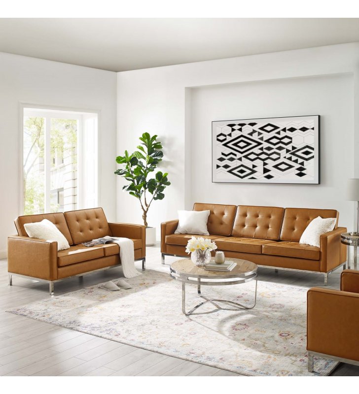 Loft Tufted Upholstered Faux Leather Sofa and Loveseat Set in Silver Tan - Lexmod