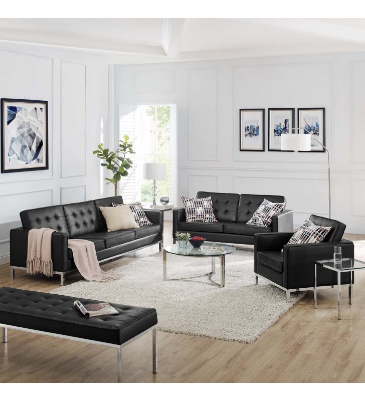 Loft Tufted Upholstered Faux Leather 3 Piece Set in Silver Black - Lexmod