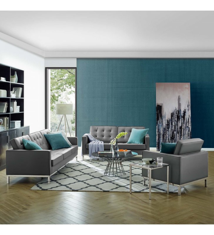 Loft Tufted Upholstered Faux Leather 3 Piece Set in Silver Gray - Lexmod
