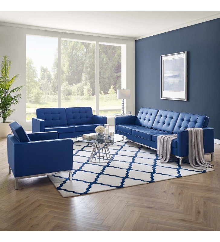 Loft Tufted Upholstered Faux Leather 3 Piece Set in Silver Navy - Lexmod