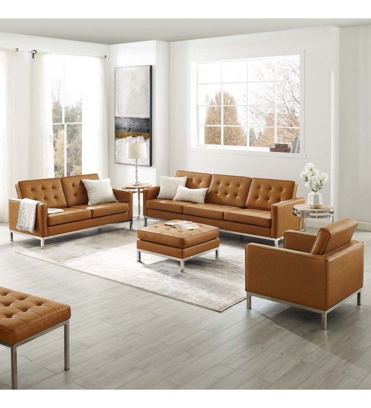 Loft Tufted Upholstered Faux Leather 3 Piece Set in Silver Tan - Lexmod