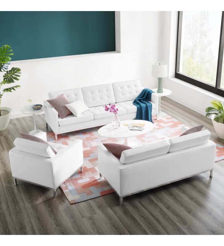 Loft Tufted Upholstered Faux Leather 3 Piece Set in Silver White - Lexmod