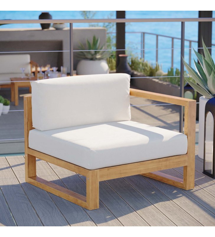 Upland Outdoor Patio Teak Wood Right-Arm Chair in Natural White - Lexmod