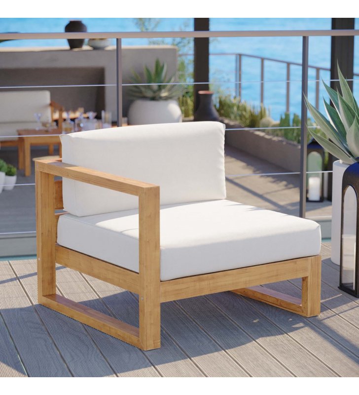 Upland Outdoor Patio Teak Wood Left-Arm Chair in Natural White - Lexmod