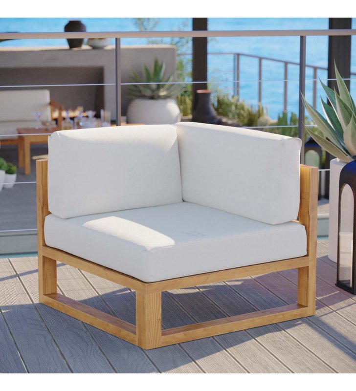 Upland Outdoor Patio Teak Wood Corner Chair in Natural White - Lexmod