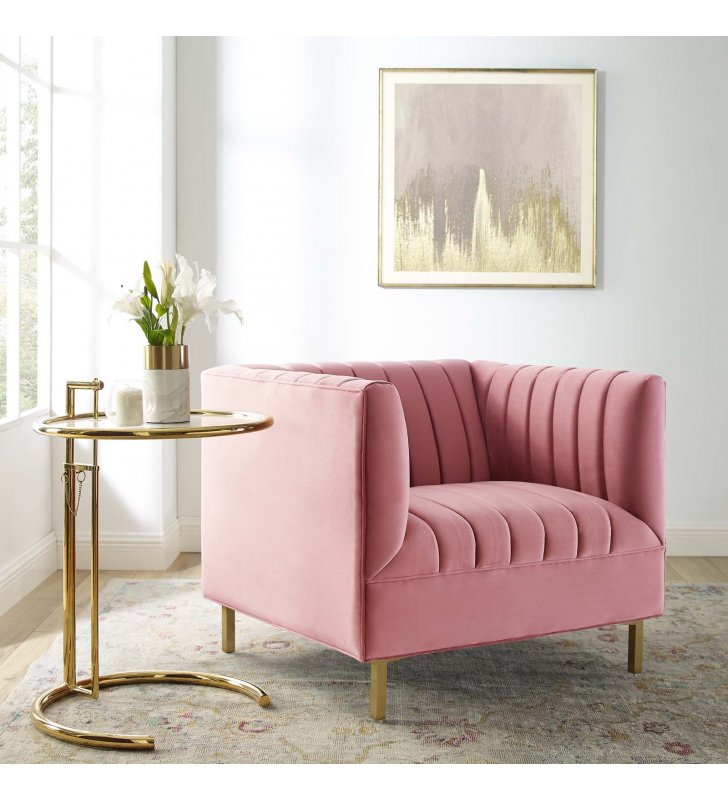 Shift Channel Tufted Performance Velvet Armchair in Dusty Rose - Lexmod