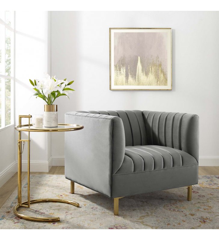 Shift Channel Tufted Performance Velvet Armchair in Gray - Lexmod