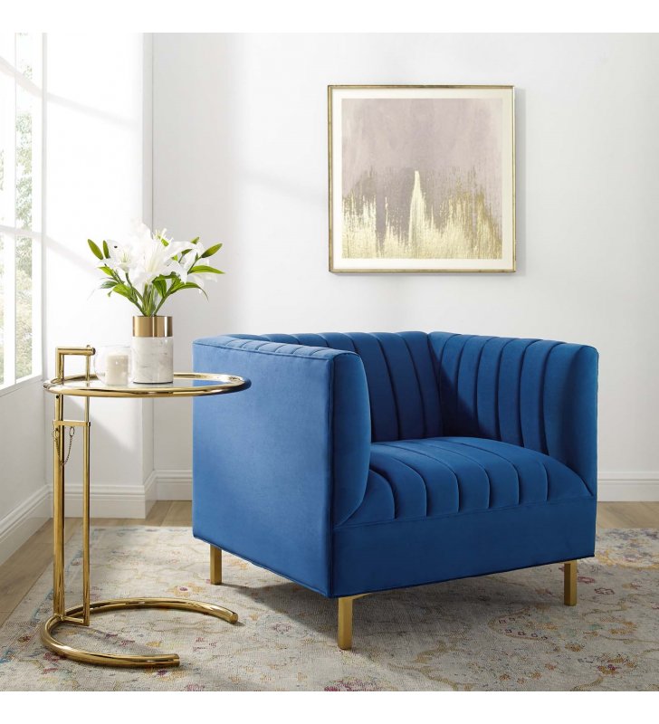 Shift Channel Tufted Performance Velvet Armchair in Navy - Lexmod