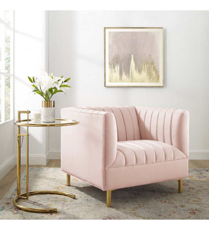 Shift Channel Tufted Performance Velvet Armchair in Pink - Lexmod