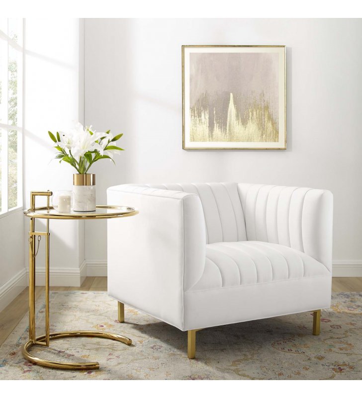 Shift Channel Tufted Performance Velvet Armchair in White - Lexmod