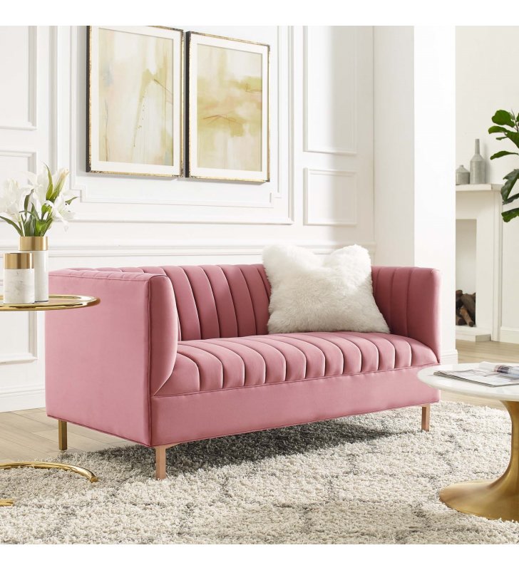 Shift Channel Tufted Performance Velvet Loveseat in Dusty Rose - Lexmod