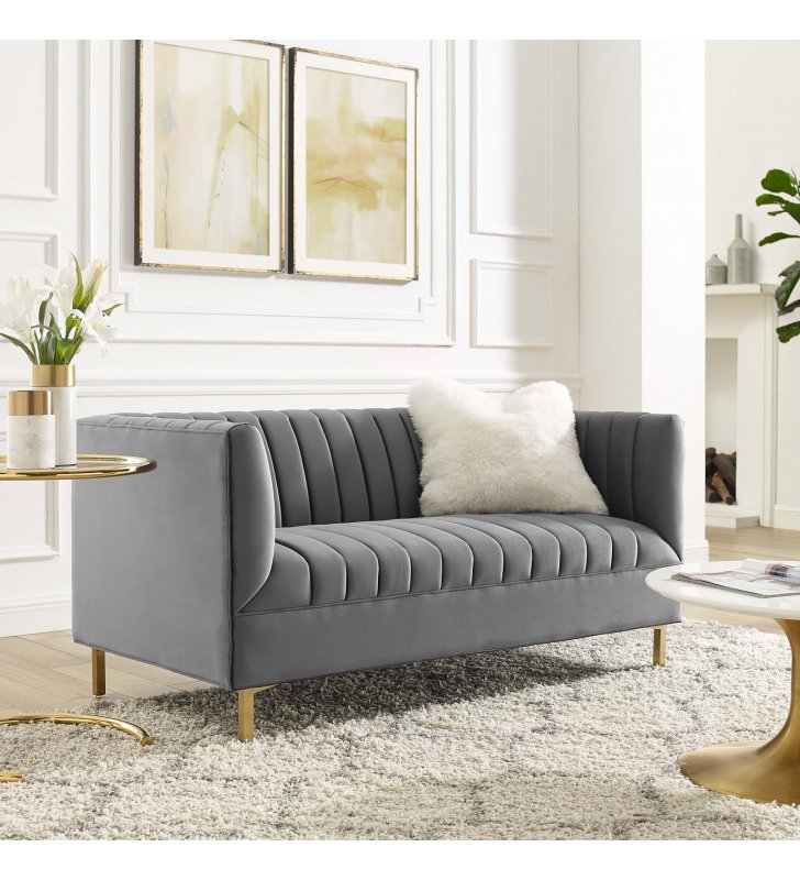 Shift Channel Tufted Performance Velvet Loveseat in Gray - Lexmod